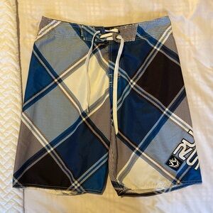Rusty Blue and Black Plaid Board Shorts